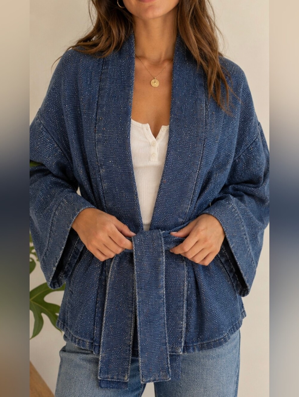 BDG Urban Outfitters Blue Textured Belted Kimono Jacket S/P Oversized Boho